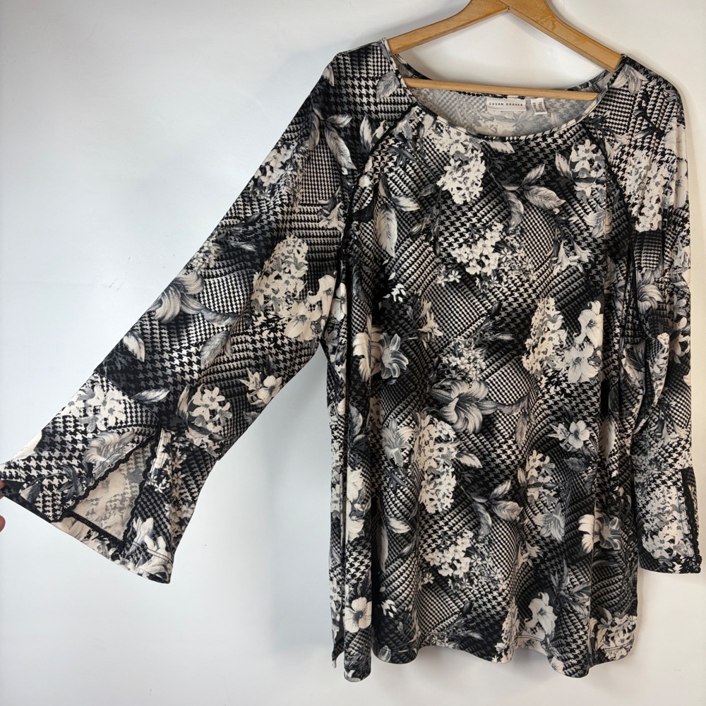 Susan Graver Tunic Top Women 2X Black White Floral Houndstooth Split Bell Cuff